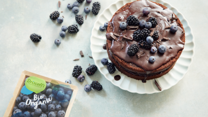 Vegansk sjokoladekake med bjørnebær og blåbær